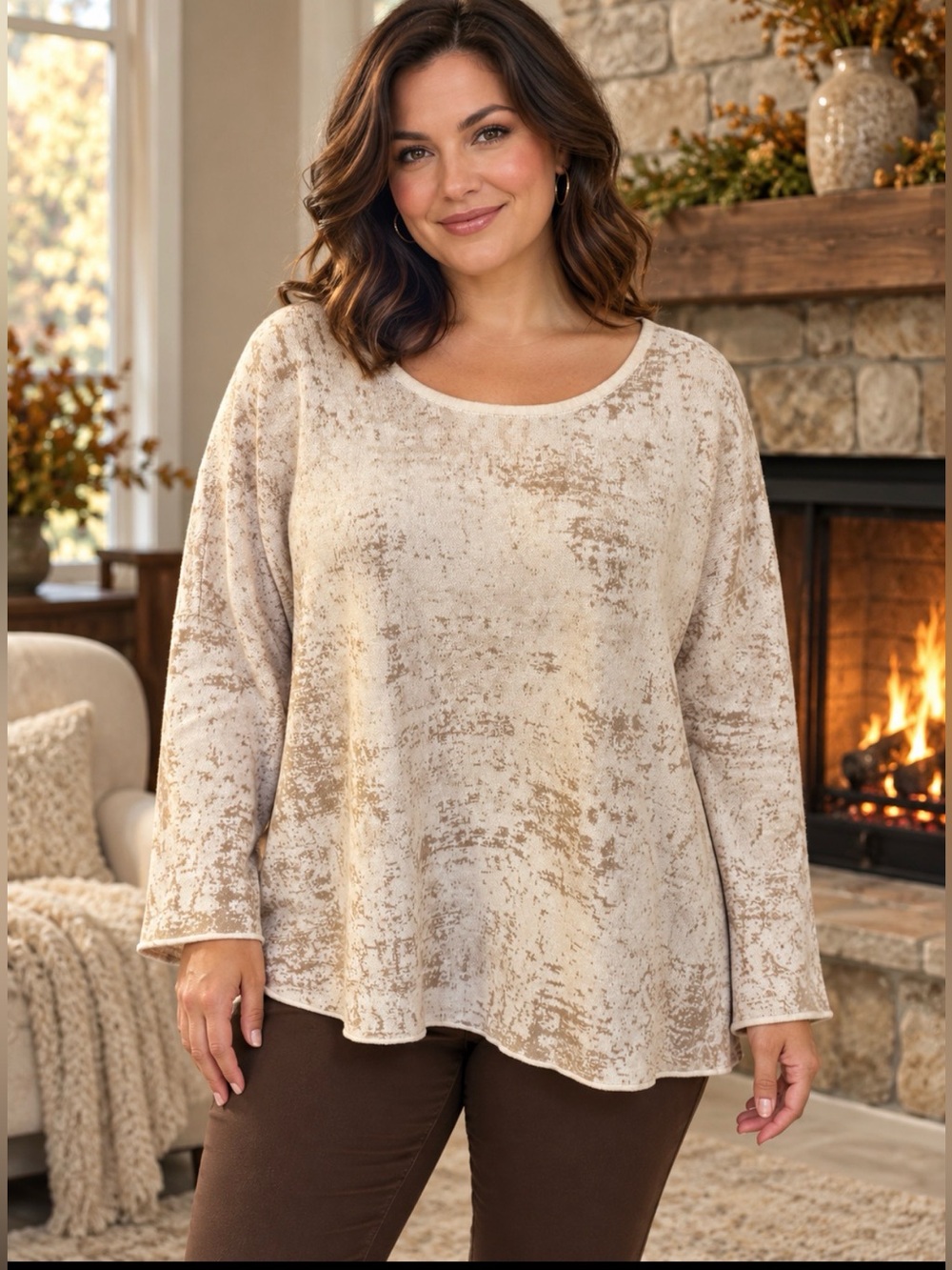 J. Jill Pure Jill Organic Cotton Abstract Print Sweater 3X Beige Cream